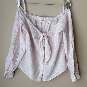 Free People Blouse Off Shoulder Pink White Stripes Buttoned Down Tie Size Small
